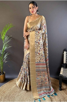 Beige Saree in Tussar silk with Zari printed weaving SR27660