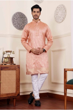 Orange Viscose Weaving Men Kurta KURR299