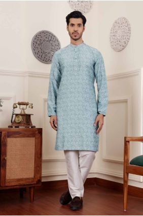 Blue Men Kurta with Weaving Viscose KURR300