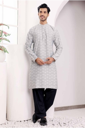 Weaving Men Kurta in Light grey Viscose KURR308