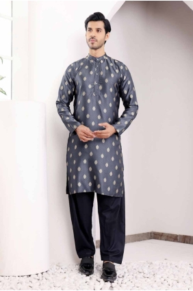 Nevy blue Weaving Men Kurta in Viscose KURR312