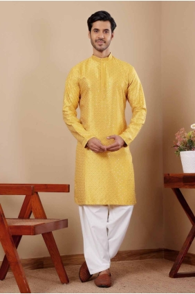Embroidered Viscose Yellow Men Kurta KURR313