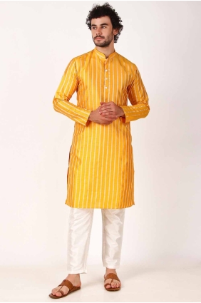 Art silk Men Kurta with Weaving in Yellow KURR340