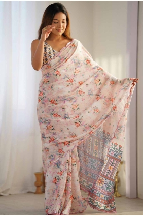 Chiffon digital print Cream Saree with Blouse SR27774