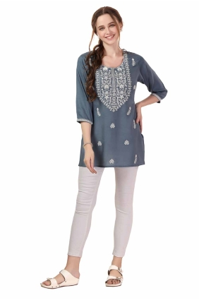 Grey Embroidered Kurti in Rayon KTI2564
