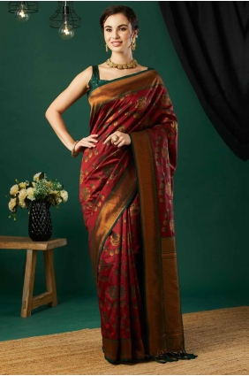 Saree in Maroon Banarasi silk with Weaving SR27824
