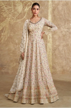 Beige Georgette Embroidered Eid Anarkali Suit with Dupatta AS4002