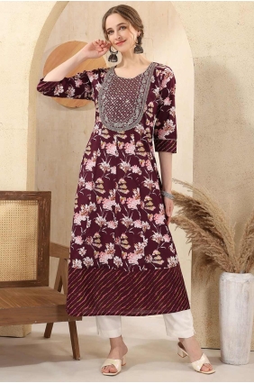 Wine Embroidered Kurti in Cotton KTI2585