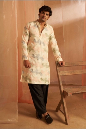Embroidered Linen Men Kurta in Cream KURR385