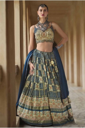 Printed Silk Teal blue Party Lehenga Choli with Dupatta LC8179