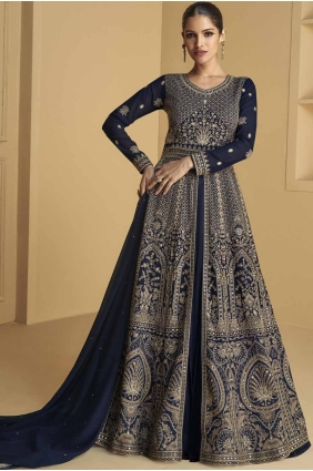 Blue Georgette Embroidered Eid Anarkali Suit with Dupatta AS4010