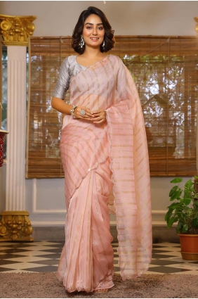 Organza Saree with Embroidered in Peach SR27944