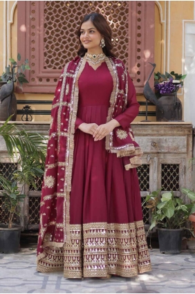 Embroidered Georgette Gown Dress in Maroon with Dupatta GW1047