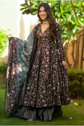 Muslin Eid Anarkali Suit with Digital print in Black AS4019