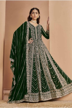 Embroidered Faux georgette Eid Anarkali Suit in Green AS4023