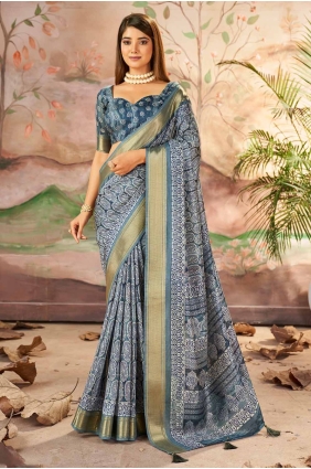 Printed Silk Saree in Dark slate grey with Blouse SR28429