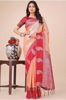 weaving sari in peach silk SR28465