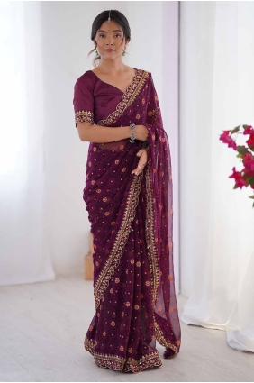Lace Georgette Saree in Wine SR28559