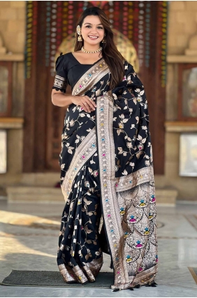 Embroidered Banarasi silk Saree in Black with Blouse SR28560