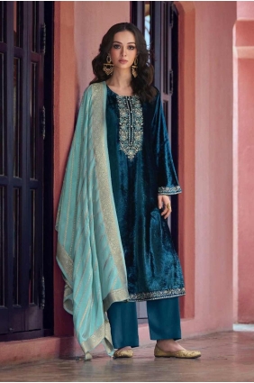 Aqua blue Embroidered Straight Pant Suit in Velvet SK155133