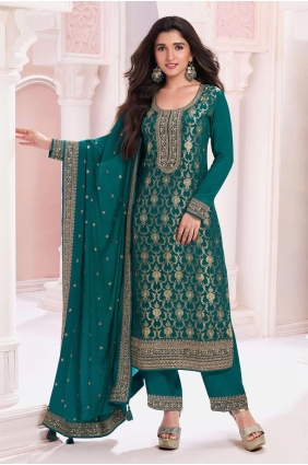 Aqua green Eid Salwar Kameez in Jacquard with Embroidered SK155128