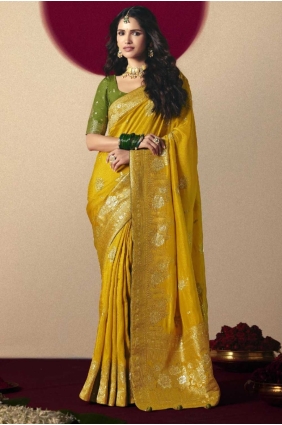 Weaving Bemberg Yellow Party Wear Saree with Blouse SR28857