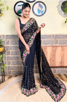 Black Saree in Sequins thread Georgette SR28472