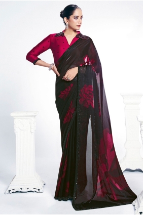 Black Saree in Satin with Embroidered SR28944
