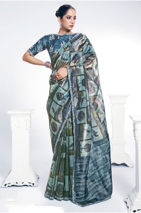 Silk Embroidered Blue Saree with Blouse SR28948