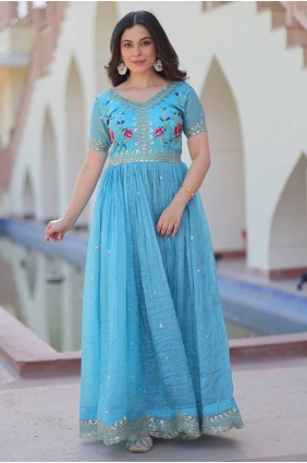 Blue Silk Embroidered Anarkali Suit with Dupatta GW11346