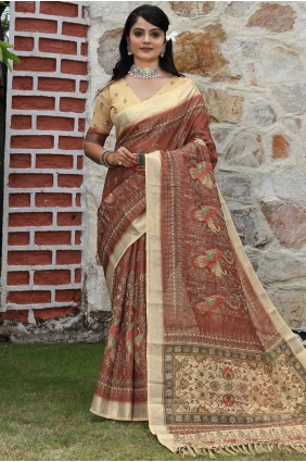 Printed Saree in Brown Cotton SR29078