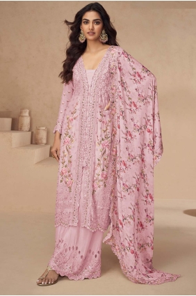 Embroidered Palazzo Suit in Pink Chiffon PZ4199