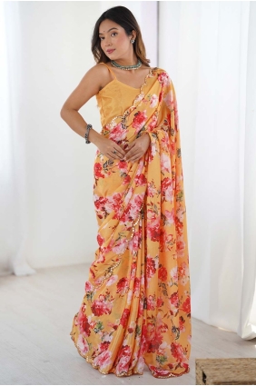 Chiffon Digital print Orange Saree with Blouse SR28496