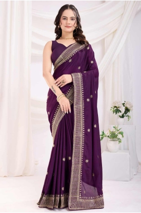 Chiffon Embroidered Voilet Saree with Blouse SR28196