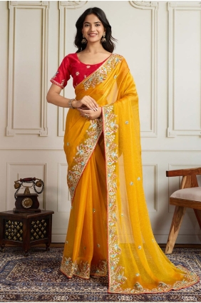 Embroidered Chiffon Yellow Saree with Blouse SR28929