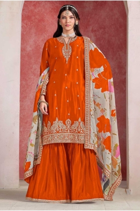 Sharara Suit in Orange Chiffon with Embroidered SS1262