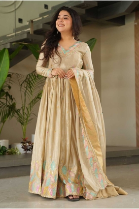 Embroidered Chiffon Gown Dress in Chiku with Dupatta GW1142