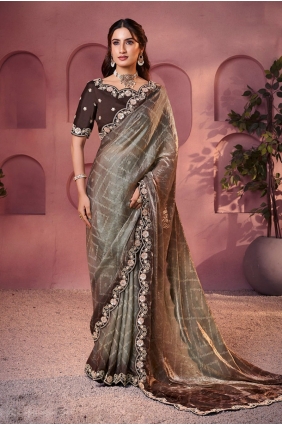 Embroidered,printed Saree in Copper Satin SR29056