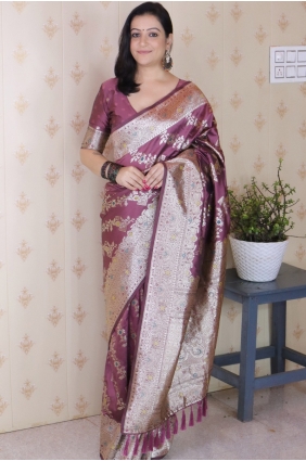 Coral Saree in Banarasi silk with Weaving SR28977