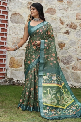 Green Saree in Cotton with Printed SR29076