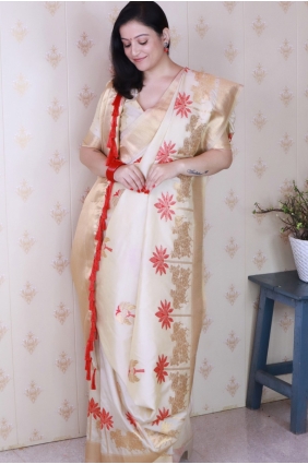 Silk Saree with Embroidered in Cream SR28970