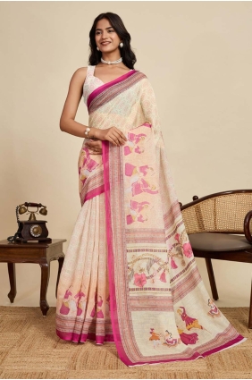 Cream Saree in Digital print Linen SR28909
