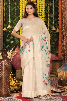 Weaving Linen Saree in Cream SR28882