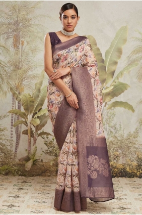 Cream Weaving Saree in Jacquard silk SR28661