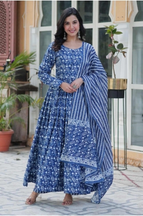 Digital print Anarkali Suit in Blue Cotton AS4060