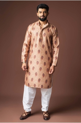 Orangish brown Men Kurta with Digital print Linen KURR593