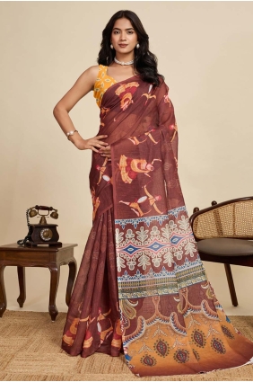Digital print Linen Saree in Brown with Blouse SR28910