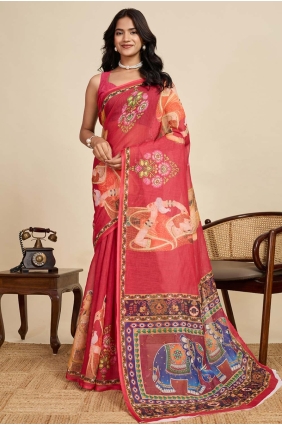 Linen Saree with Digital print in Maroon SR28911