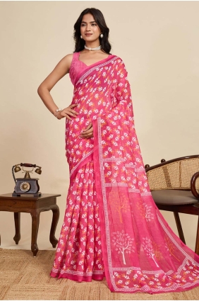 Saree in Pink Linen with Digital print SR28902