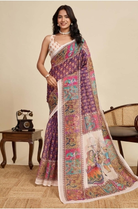 Linen Saree in Purple with Digital print SR28907